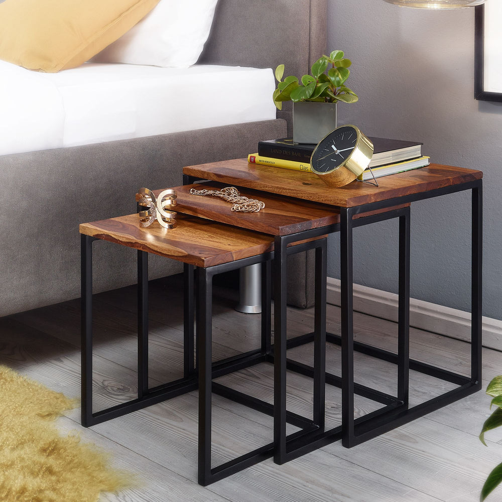 Beistelltisch-Set aus Sheesham Massivholz und Metall_ 3 Größen_ Stilvolles Trio - KADIMA DESIGN_Größe_ 40x40x42 cm_