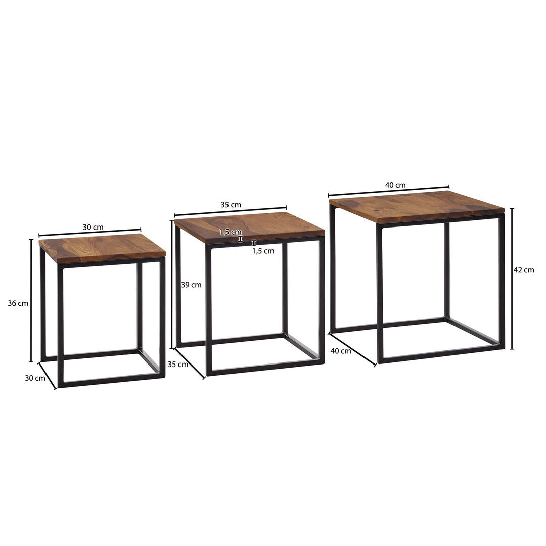 Beistelltisch-Set aus Sheesham Massivholz und Metall_ 3 Größen_ Stilvolles Trio - KADIMA DESIGN_Größe_ 40x40x42 cm_