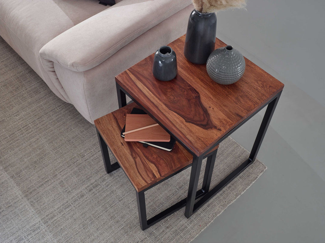 KADIMA DESIGN Industrial Satztisch-Set aus Sheeshamholz und Metallbeinen_ Unikat mit beeindruckender Maserung_Braun_#sku_BARWL6.152#