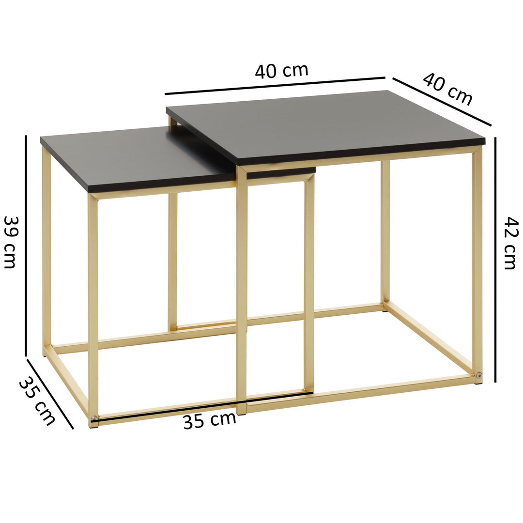 Couchtisch Set TRONTO_ 2 Tische_ Gold-Look_ Metallgestell_ schwarze Glas/MDF-Platte_ 40/35x42/39x40/35 cm - KADIMA DESIGN_Farbe_ Gold_ Größe_ 40x40x42 cm_