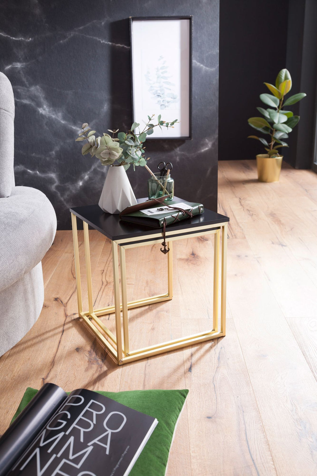 Couchtisch Set TRONTO_ 2 Tische_ Gold-Look_ Metallgestell_ schwarze Glas/MDF-Platte_ 40/35x42/39x40/35 cm - KADIMA DESIGN_Farbe_ Gold_ Größe_ 40x40x42 cm_