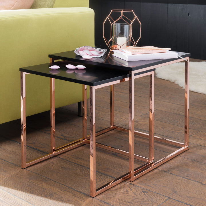 Couchtisch Set TRONTO_ 2 Tische_ Gold-Look_ Metallgestell_ schwarze Glas/MDF-Platte_ 40/35x42/39x40/35 cm - KADIMA DESIGN_Farbe_ Bronze_ Größe_ 40x40x42 cm_