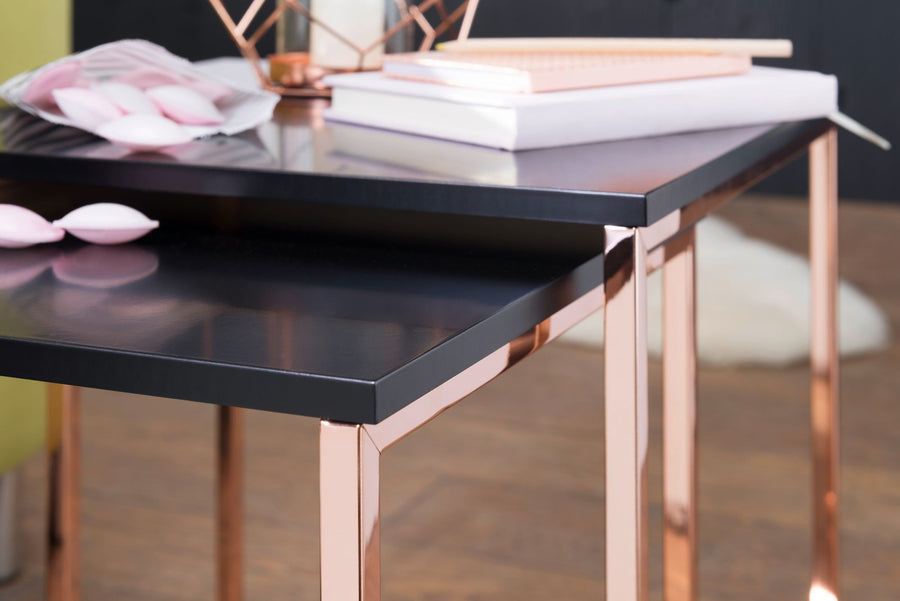 Couchtisch Set TRONTO_ 2 Tische_ Gold-Look_ Metallgestell_ schwarze Glas/MDF-Platte_ 40/35x42/39x40/35 cm - KADIMA DESIGN_Farbe_ Bronze_ Größe_ 40x40x42 cm_