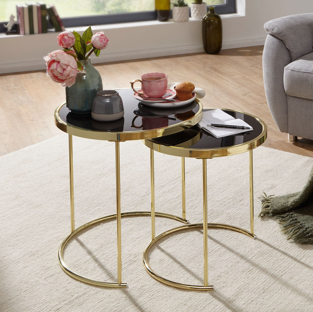 2er-Set Satztische mit Hochglanz Metallgestell und schwarzem Glas_ 50/42 cm - Stilvolles Design mit sicherem Stand - KADIMA DESIGN_Größe_ 50x50x50 cm_