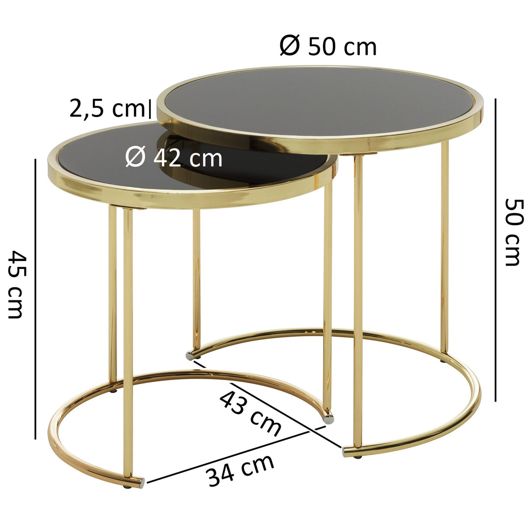 2er-Set Satztische mit Hochglanz Metallgestell und schwarzem Glas_ 50/42 cm - Stilvolles Design mit sicherem Stand - KADIMA DESIGN_Größe_ 50x50x50 cm_