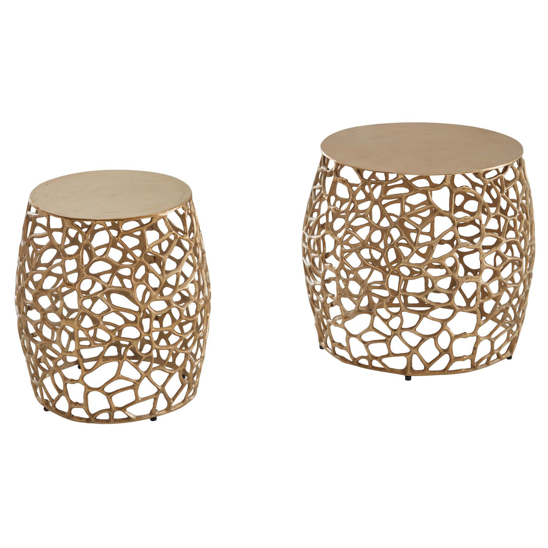 2-teiliges Satztisch-Set aus Gold-Aluminium_ Handgefertigt mit Aststruktur - KADIMA DESIGN_Größe_ 46x46x42 cm_