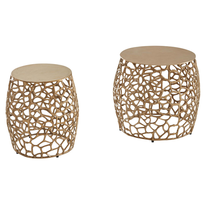 2-teiliges Satztisch-Set aus Gold-Aluminium_ Handgefertigt mit Aststruktur - KADIMA DESIGN_Größe_ 46x46x42 cm_