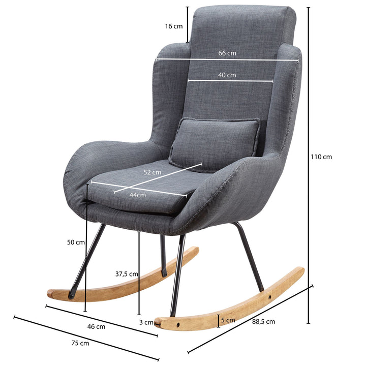 LAVANT Schaukelstuhl_ Weiche Sitzschale_ Wippfunktion_ abnehmbare Polsterung_ hohe Rückenlehne_ Rubberwood_ Grau/Blau/Anthrazit - KADIMA DESIGN_Farbe_ Grau_ Größe_ 75x88x110 cm_