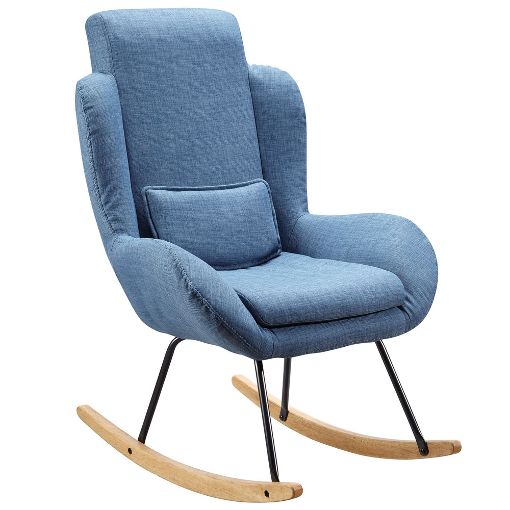 LAVANT Schaukelstuhl_ Weiche Sitzschale_ Wippfunktion_ abnehmbare Polsterung_ hohe Rückenlehne_ Rubberwood_ Grau/Blau/Anthrazit - KADIMA DESIGN_Farbe_ Blau_ Größe_ 75x88x110 cm_