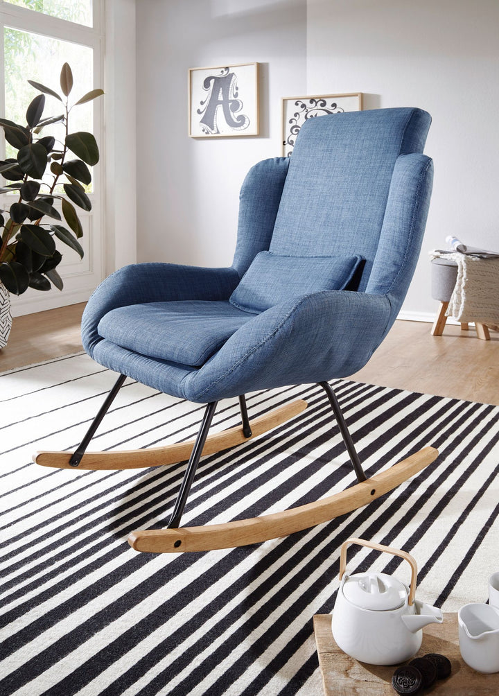 LAVANT Schaukelstuhl_ Weiche Sitzschale_ Wippfunktion_ abnehmbare Polsterung_ hohe Rückenlehne_ Rubberwood_ Grau/Blau/Anthrazit - KADIMA DESIGN_Farbe_ Blau_ Größe_ 75x88x110 cm_