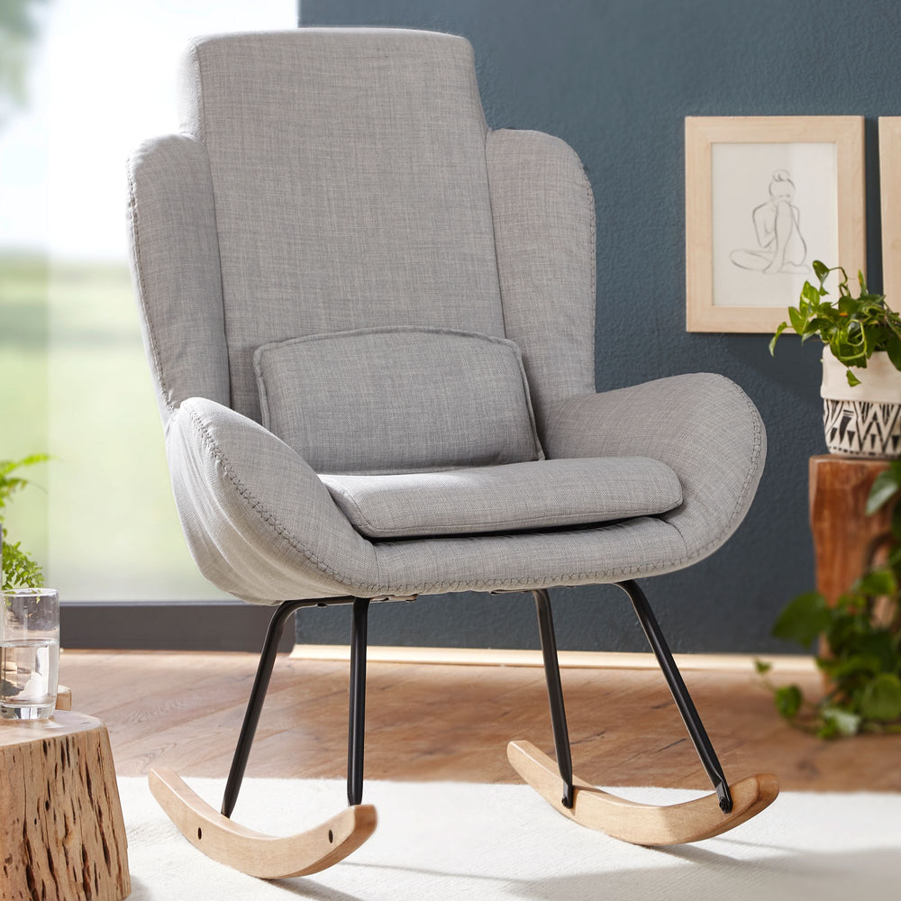 LAVANT Schaukelstuhl_ Weiche Sitzschale_ Wippfunktion_ abnehmbare Polsterung_ hohe Rückenlehne_ Rubberwood_ Grau/Blau/Anthrazit - KADIMA DESIGN_Farbe_ Anthrazit_ Größe_ 75x88x110 cm_