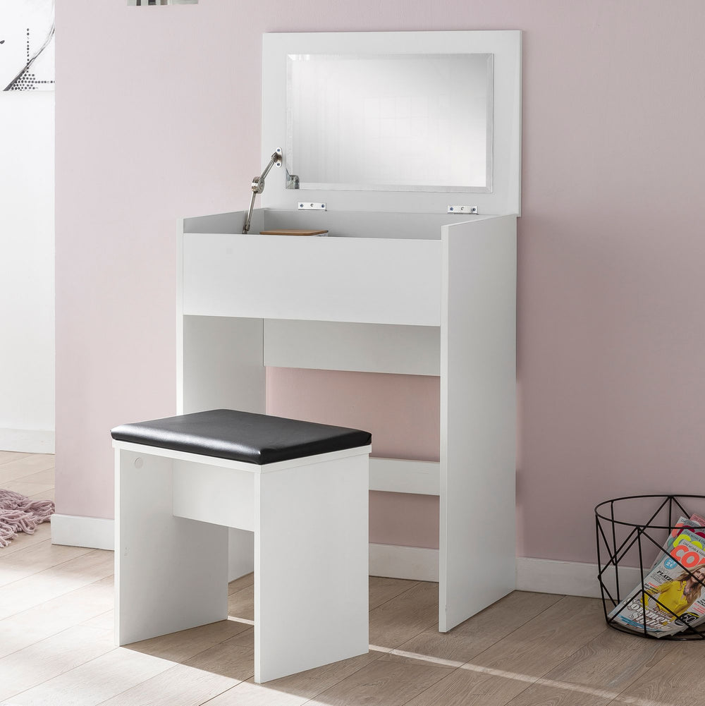 Moderner Schminktisch mit Klappfach und Spiegel_ inklusive Hocker_ Melaminharzbeschichtung - KADIMA DESIGN_Größe_ 60x40x81 cm_