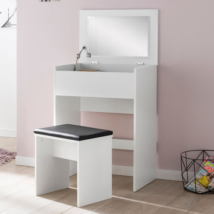 Moderner Schminktisch mit Klappfach und Spiegel_ inklusive Hocker_ Melaminharzbeschichtung - KADIMA DESIGN_Größe_ 60x40x81 cm_