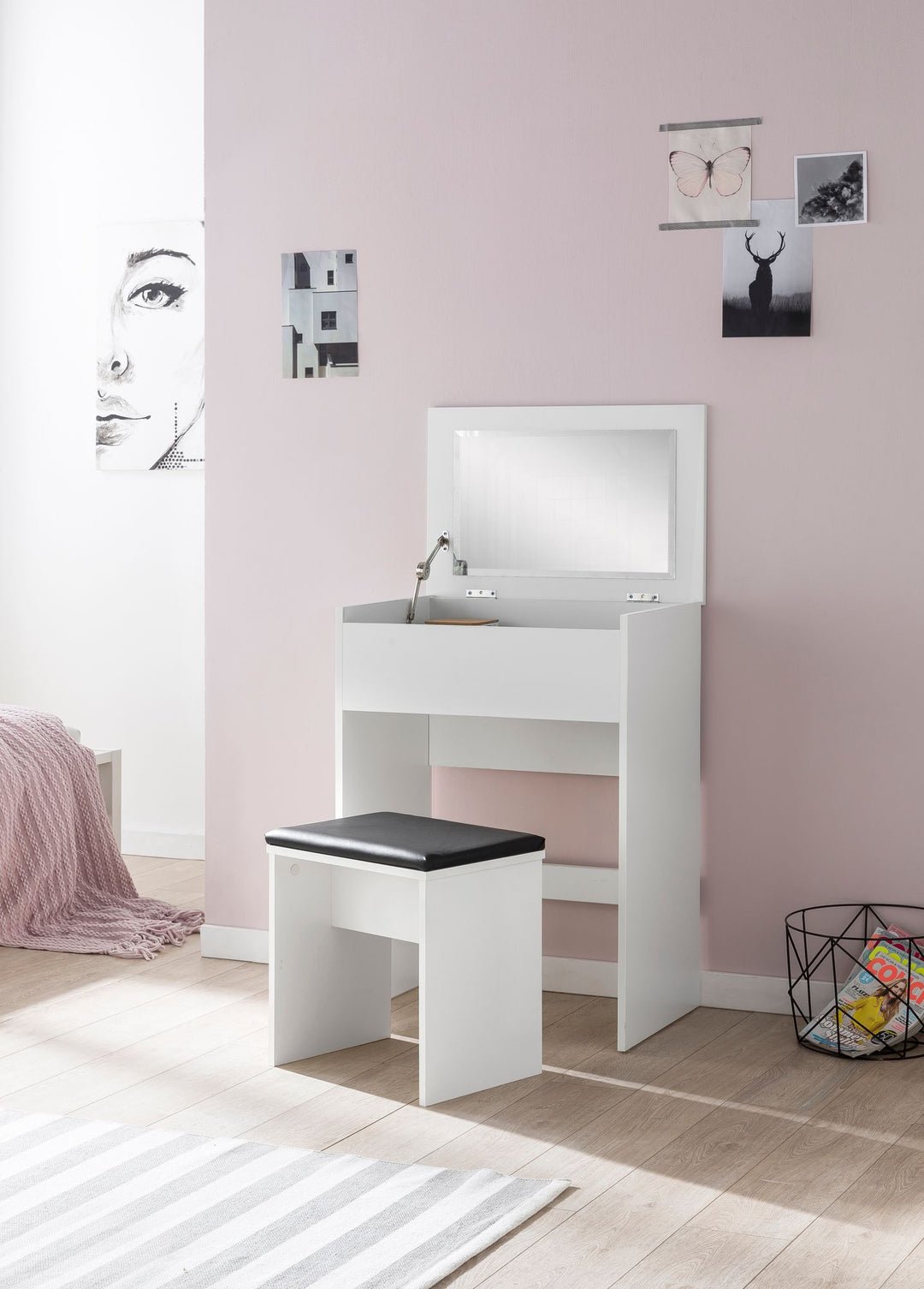 Moderner Schminktisch mit Klappfach und Spiegel_ inklusive Hocker_ Melaminharzbeschichtung - KADIMA DESIGN_Größe_ 60x40x81 cm_