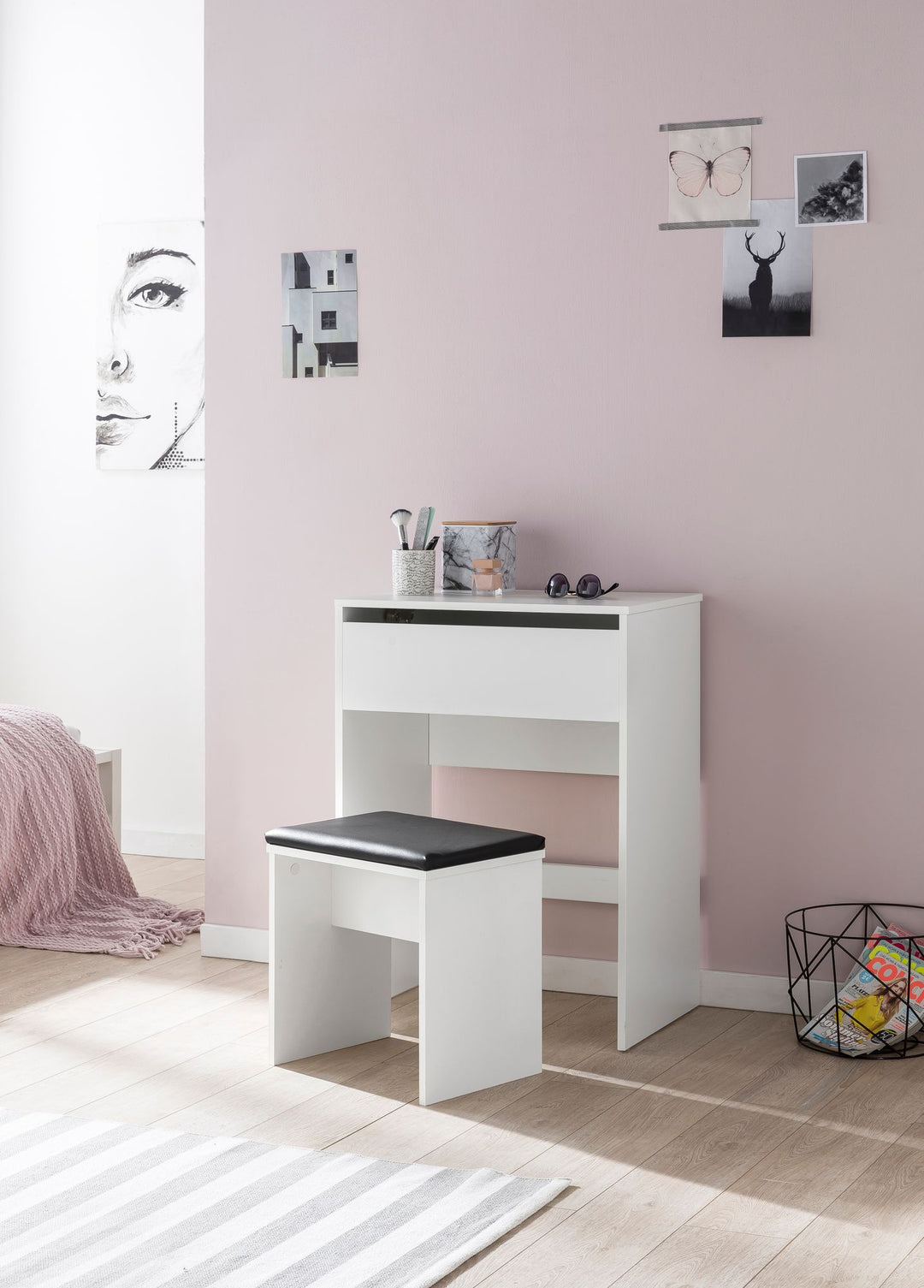 Moderner Schminktisch mit Klappfach und Spiegel_ inklusive Hocker_ Melaminharzbeschichtung - KADIMA DESIGN_Größe_ 60x40x81 cm_