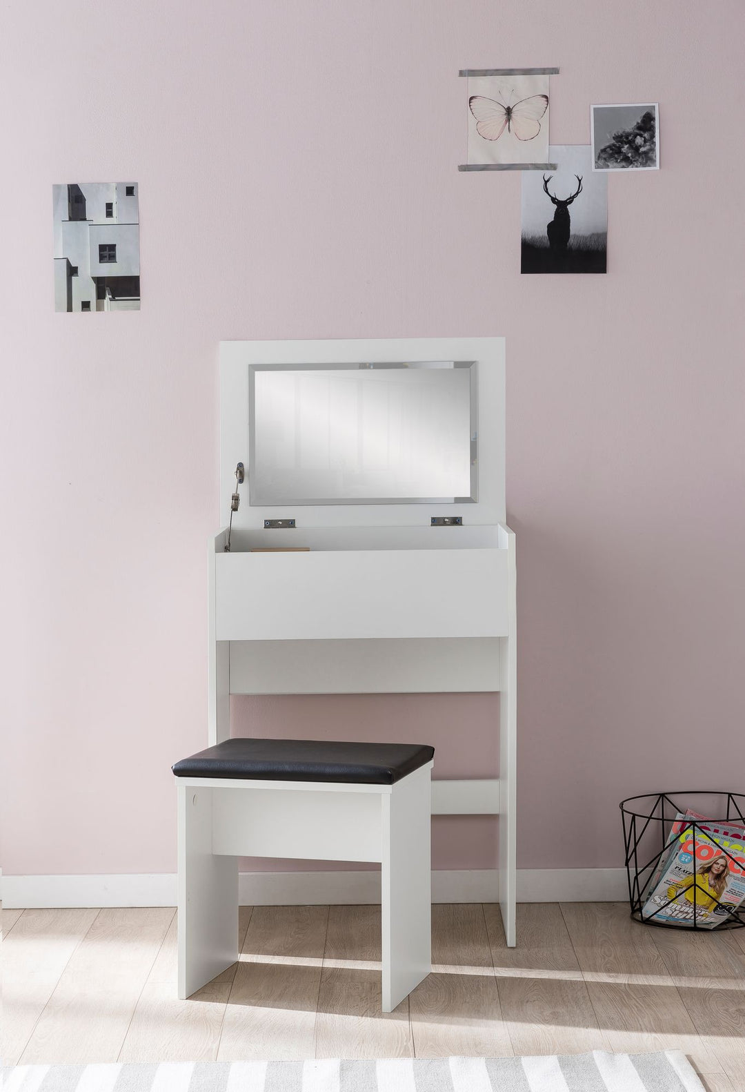Moderner Schminktisch mit Klappfach und Spiegel_ inklusive Hocker_ Melaminharzbeschichtung - KADIMA DESIGN_Größe_ 60x40x81 cm_