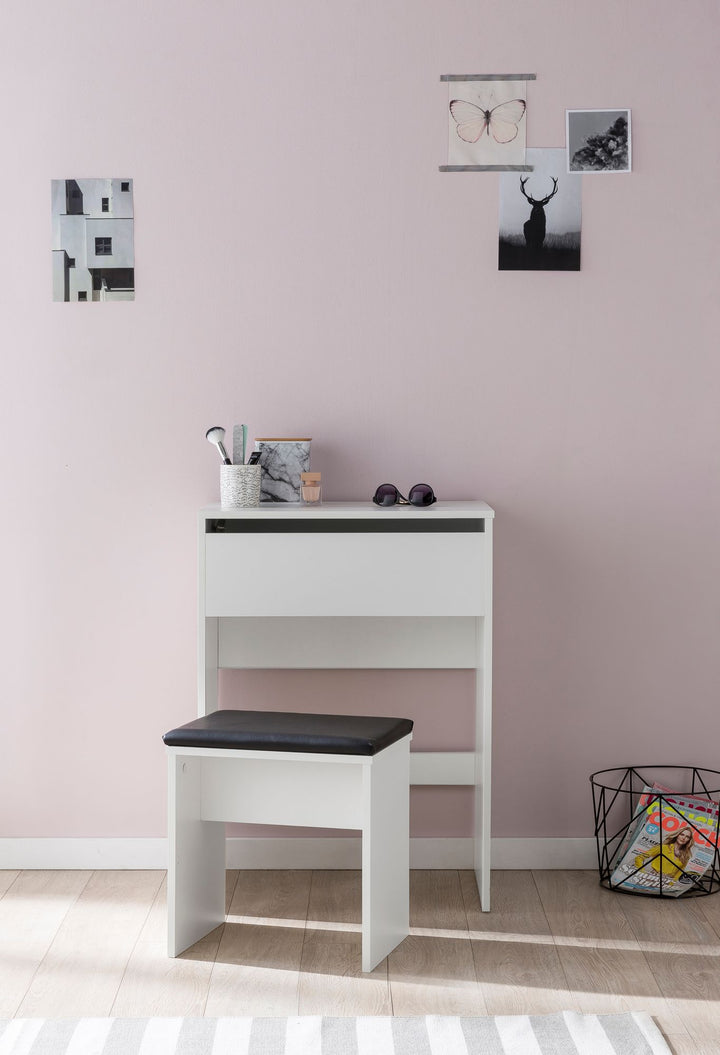 Moderner Schminktisch mit Klappfach und Spiegel_ inklusive Hocker_ Melaminharzbeschichtung - KADIMA DESIGN_Größe_ 60x40x81 cm_