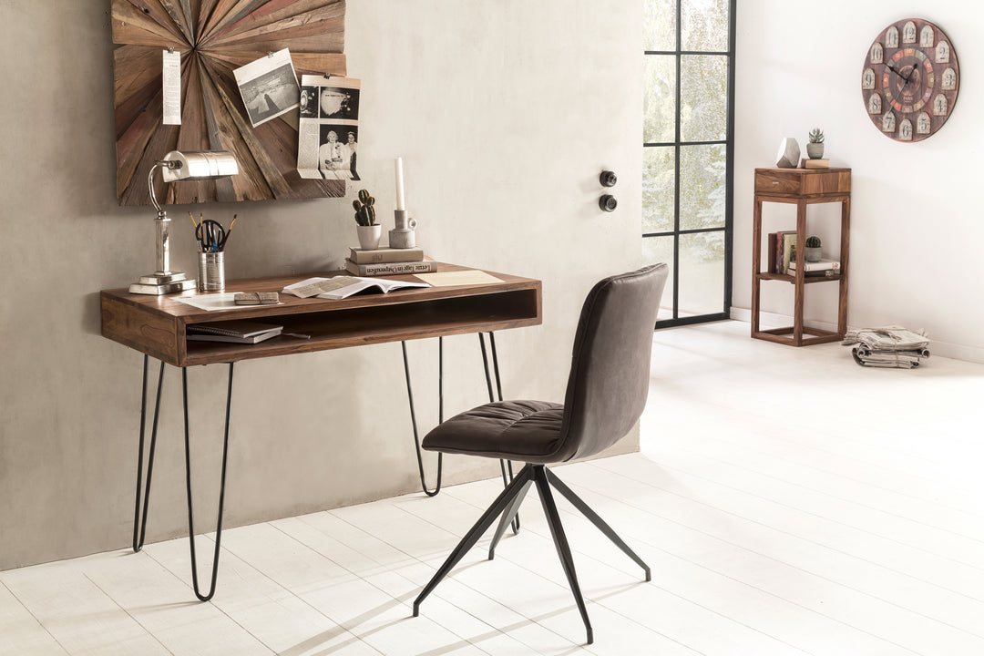 Massivholz Sheesham Schreibtisch Retro - Industrial Look_ Große Tischplatte_ Haarnadelbeine_ KADIMA DESIGN_Größe_ 110x60x76 cm_