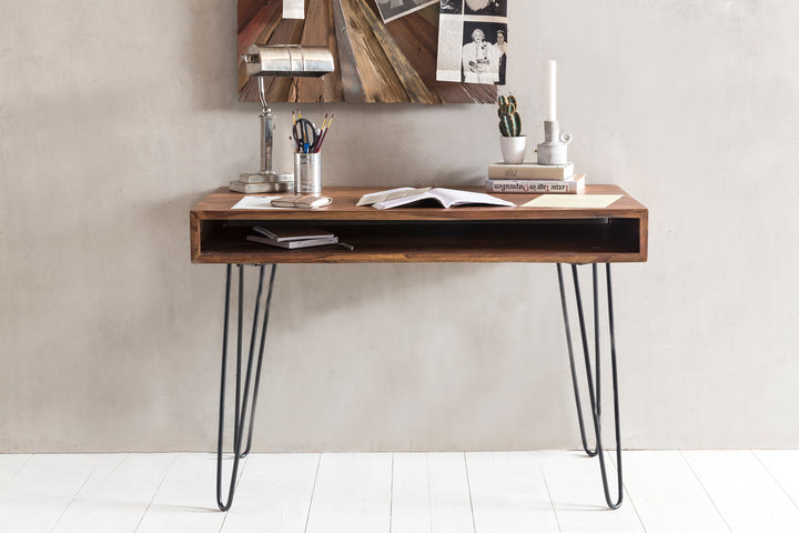 Massivholz Sheesham Schreibtisch Retro - Industrial Look_ Große Tischplatte_ Haarnadelbeine_ KADIMA DESIGN_Größe_ 110x60x76 cm_