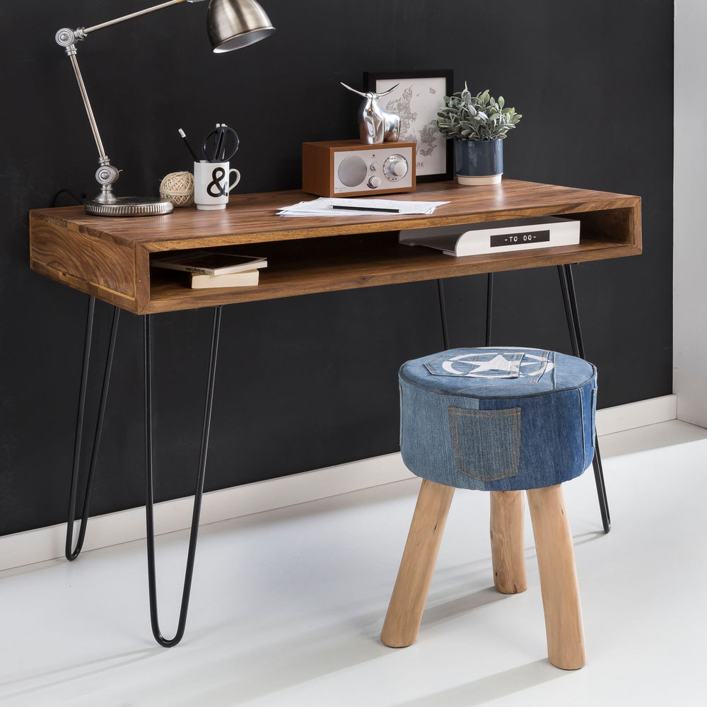 Massivholz Sheesham Schreibtisch Retro - Industrial Look_ Große Tischplatte_ Haarnadelbeine_ KADIMA DESIGN_Größe_ 110x60x76 cm_