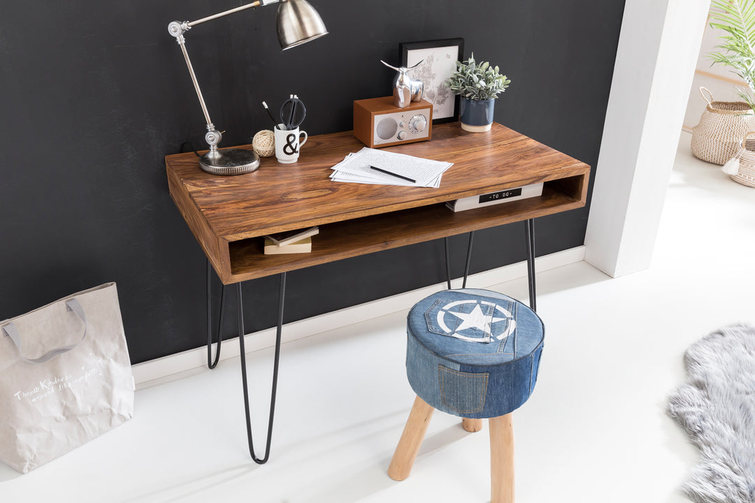 Massivholz Sheesham Schreibtisch Retro - Industrial Look_ Große Tischplatte_ Haarnadelbeine_ KADIMA DESIGN_Größe_ 110x60x76 cm_