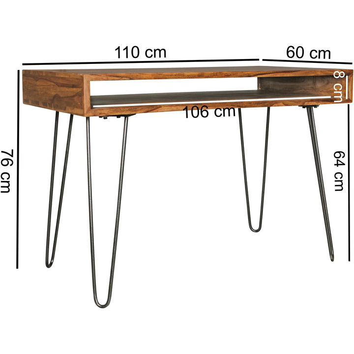 Massivholz Sheesham Schreibtisch Retro - Industrial Look_ Große Tischplatte_ Haarnadelbeine_ KADIMA DESIGN_Größe_ 110x60x76 cm_