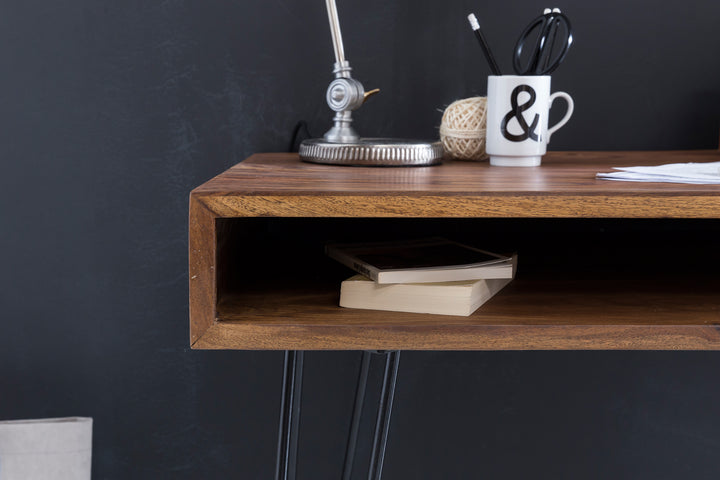 Massivholz Sheesham Schreibtisch Retro - Industrial Look_ Große Tischplatte_ Haarnadelbeine_ KADIMA DESIGN_Größe_ 110x60x76 cm_