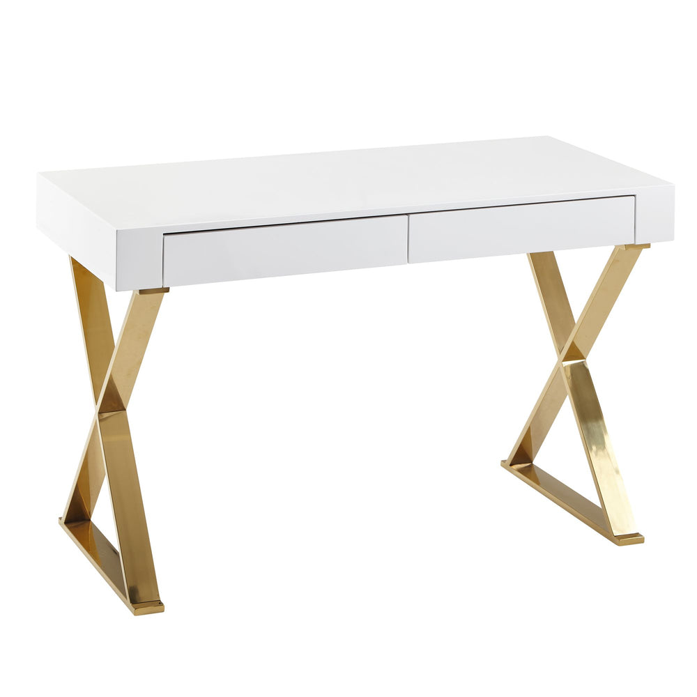 Hochglanz-Weißer Schreibtisch_ Goldene Beine_ Modern_ 2 Schubladen - KADIMA DESIGN_Größe_ 118x57x76 cm_