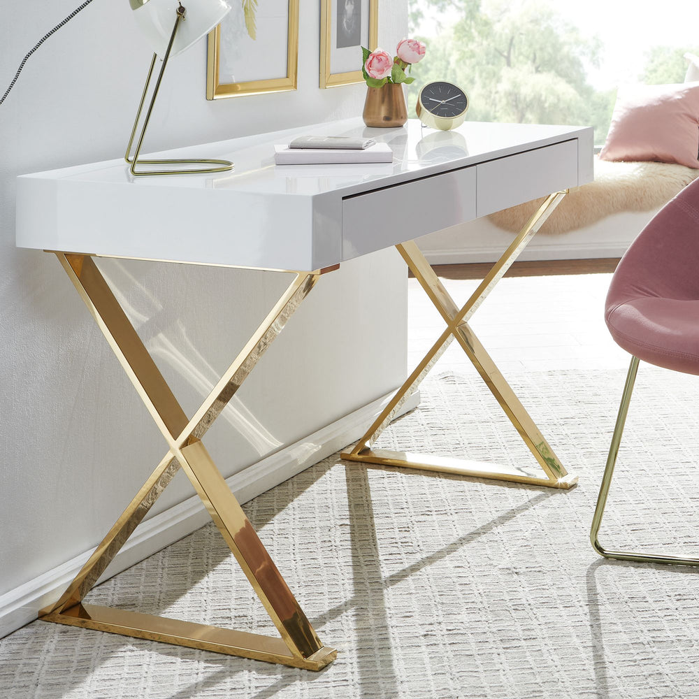 Hochglanz-Weißer Schreibtisch_ Goldene Beine_ Modern_ 2 Schubladen - KADIMA DESIGN_Größe_ 118x57x76 cm_