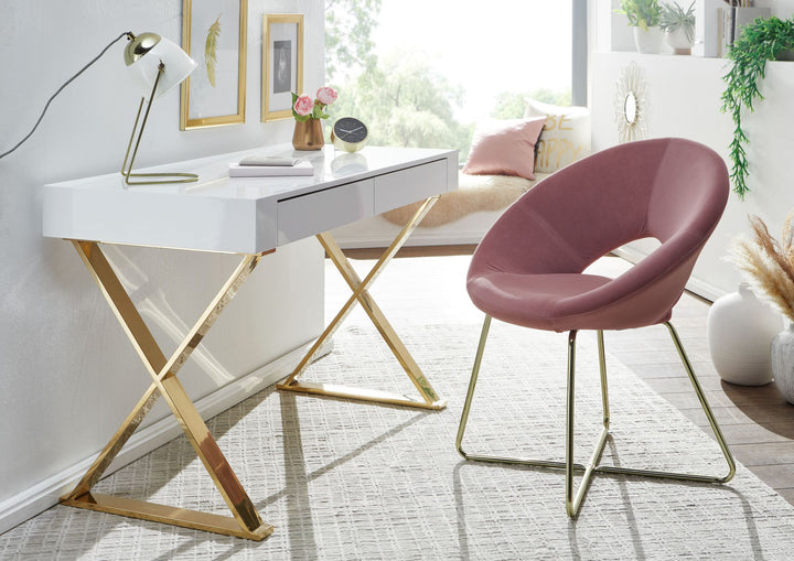 Hochglanz-Weißer Schreibtisch_ Goldene Beine_ Modern_ 2 Schubladen - KADIMA DESIGN_Größe_ 118x57x76 cm_