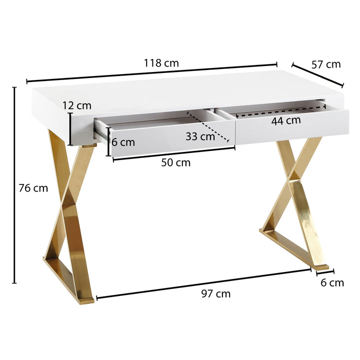 Hochglanz-Weißer Schreibtisch_ Goldene Beine_ Modern_ 2 Schubladen - KADIMA DESIGN_Größe_ 118x57x76 cm_