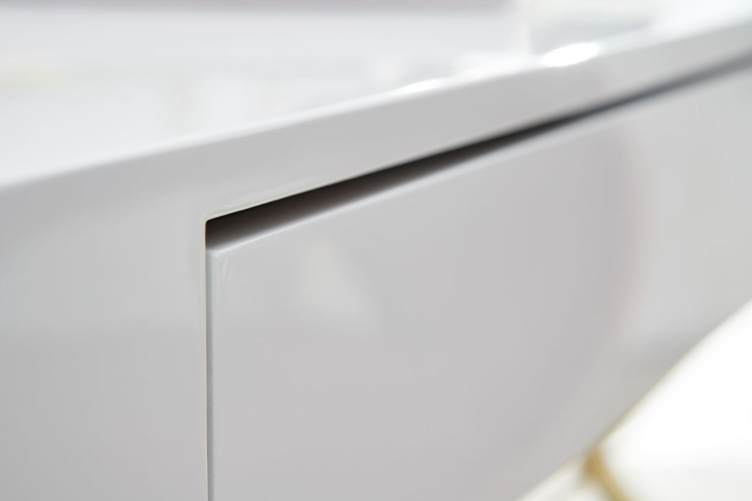 Hochglanz-Weißer Schreibtisch_ Goldene Beine_ Modern_ 2 Schubladen - KADIMA DESIGN_Größe_ 118x57x76 cm_