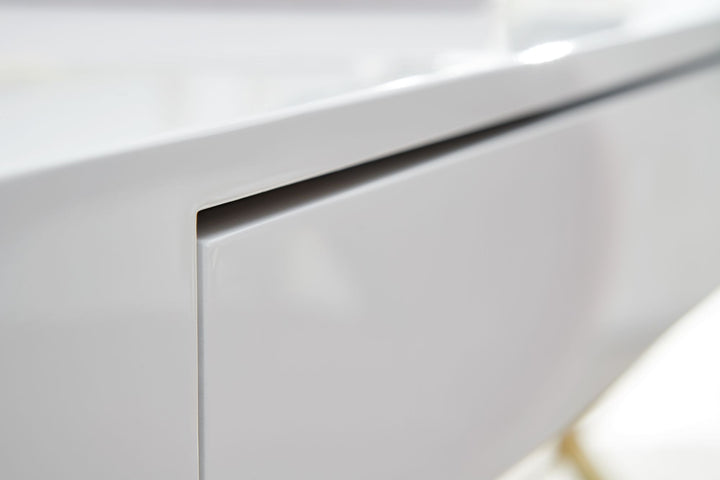 Hochglanz-Weißer Schreibtisch_ Goldene Beine_ Modern_ 2 Schubladen - KADIMA DESIGN_Größe_ 118x57x76 cm_