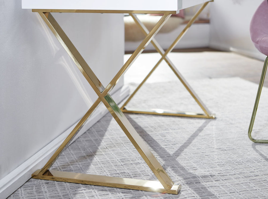 Hochglanz-Weißer Schreibtisch_ Goldene Beine_ Modern_ 2 Schubladen - KADIMA DESIGN_Größe_ 118x57x76 cm_