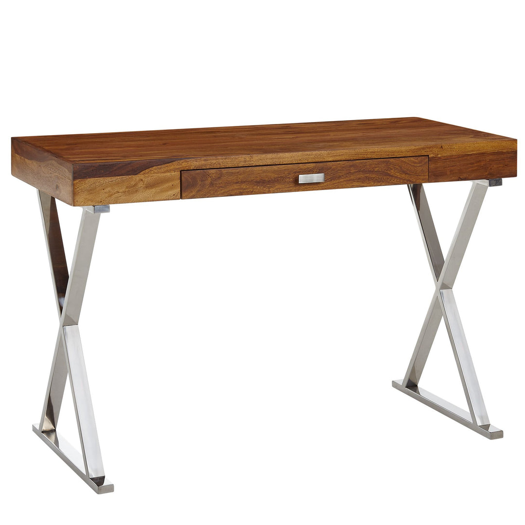Massiver Sheesham-Schreibtisch mit X-förmigem Metallgestell_ 120x55x78 cm - KADIMA DESIGN_Farbe_ Silber_ Größe_ 120x55x78 cm_