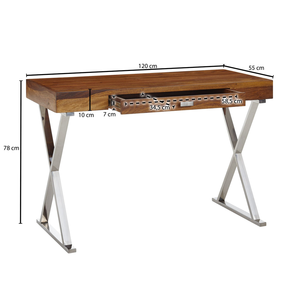 Massiver Sheesham-Schreibtisch mit X-förmigem Metallgestell_ 120x55x78 cm - KADIMA DESIGN_Farbe_ Silber_ Größe_ 120x55x78 cm_