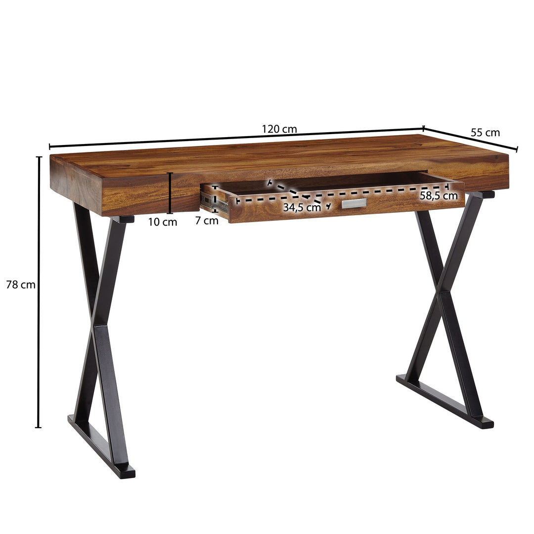 Massivholz Schreibtisch Sheesham_ X-förmiges Metallgestell_ Schublade_ 120x55x78 cm - KADIMA DESIGN_Farbe_ Schwarz_ Größe_ 120x55x78 cm_