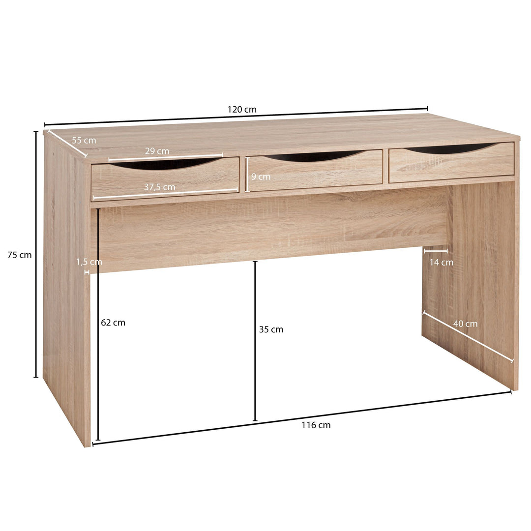 Schreibtisch Sonoma Eiche mit Schubladen - Praktische Blende_ Stauraum_ Stabile Seitenwände_ Anti-Rutsch Pads_ KADIMA DESIGN_Größe_ 120x55x75 cm_