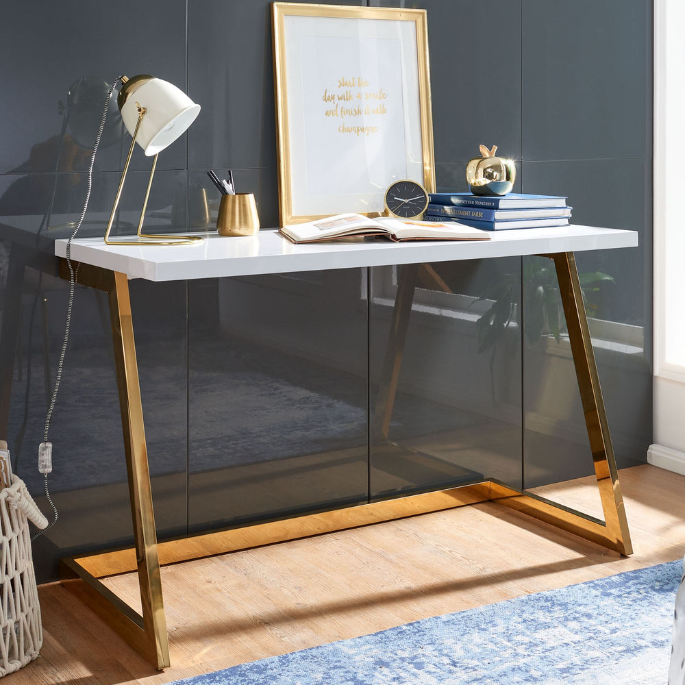 Schreibtisch SARNOT_ Hochglanz-Design_ Metallgestell_ 120x55x76 cm_ Weiß/Gold/Silber - KADIMA DESIGN_Farbe_ Gold_ Größe_ 120x55x76 cm_