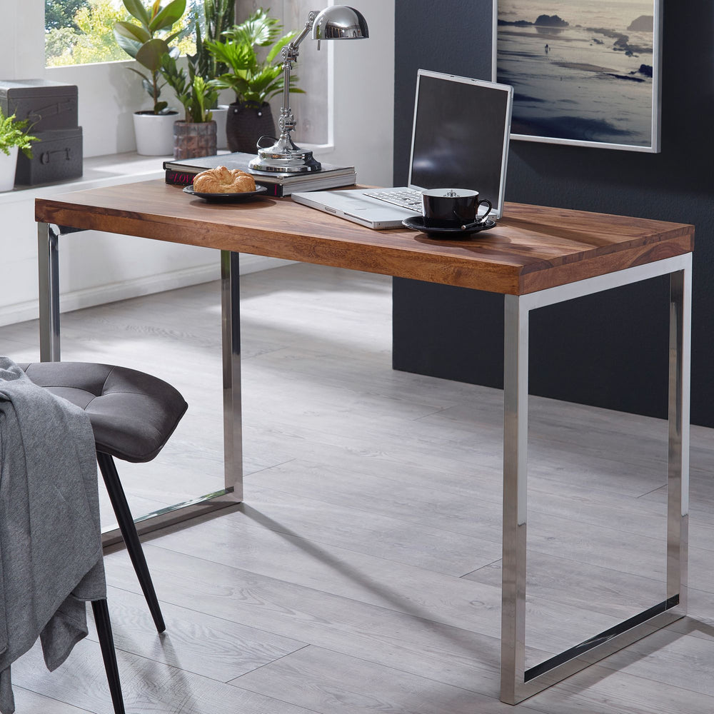 Schreibtisch ISEN_ Massivholz_ Landhausstil_ verchromtes Metallgestell_ 50 kg Belastung - KADIMA DESIGN_Farbe_ Braun_ Größe_ 120x60x76 cm_
