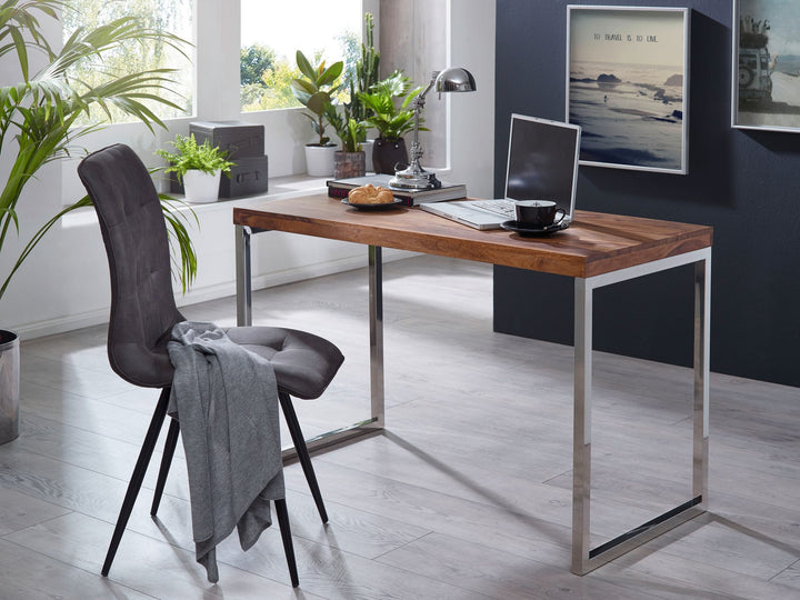 Schreibtisch ISEN_ Massivholz_ Landhausstil_ verchromtes Metallgestell_ 50 kg Belastung - KADIMA DESIGN_Farbe_ Braun_ Größe_ 120x60x76 cm_