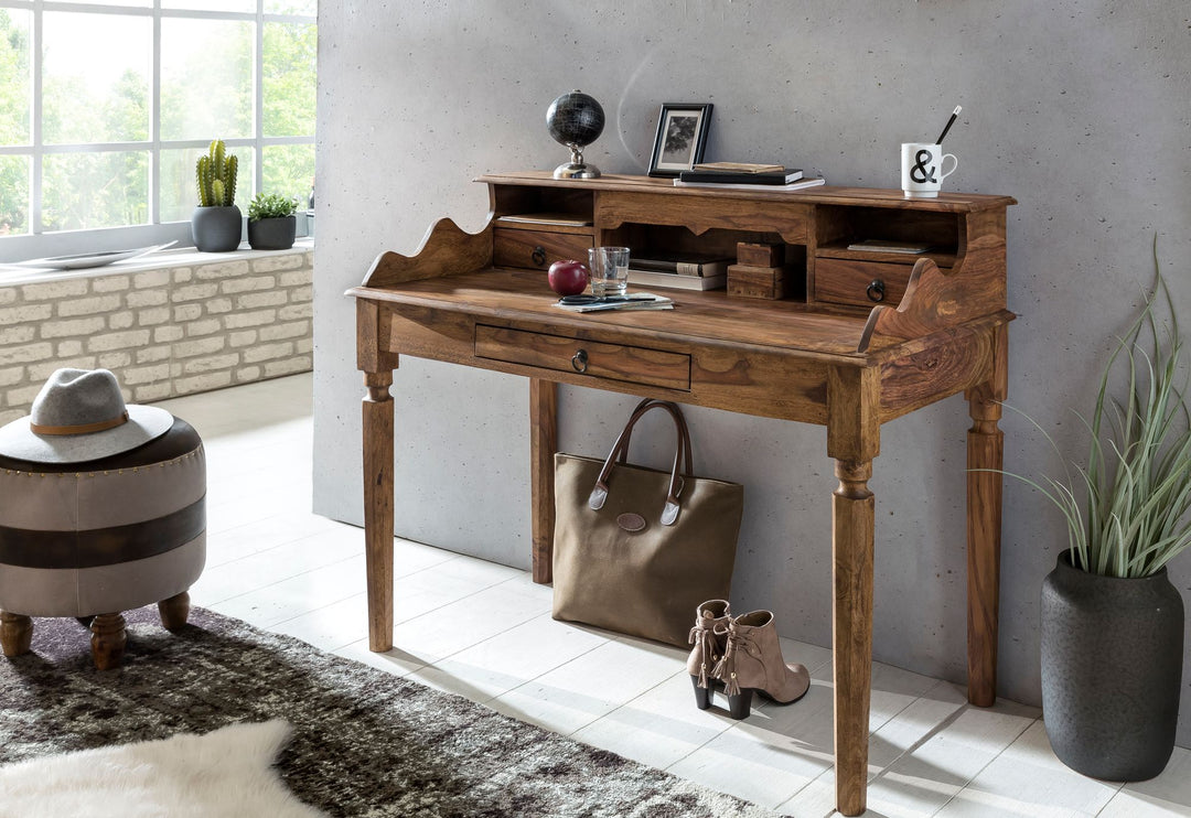 KADIMA DESIGN Landhaustisch aus massivem Sheesham-Holz mit 3 Schubladen und Fächern_ Vintage-Look (115 cm)_Braun_#sku_BARWL1.751#