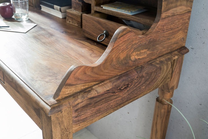 KADIMA DESIGN Landhaustisch aus massivem Sheesham-Holz mit 3 Schubladen und Fächern_ Vintage-Look (115 cm)_Braun_#sku_BARWL1.751#