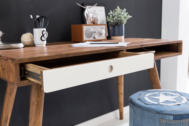 KADIMA DESIGN SAVIO Massivholz Schreibtisch - Retro Stil mit viel Stauraum und voller Funktionalität für Ihr Home Office_Weiß_#sku_BARWL1.962#