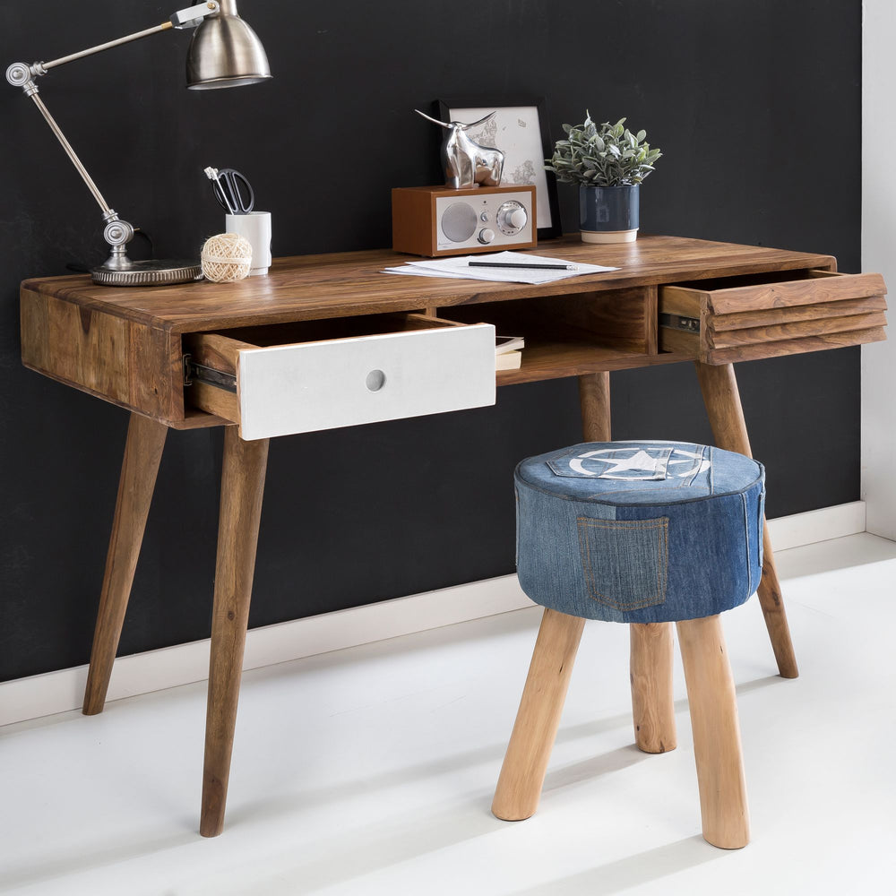 KADIMA DESIGN Schreibtisch SAVIO - Schreibtisch im Retro-Stil aus hochwertigem Massivholz mit Stauraum und Schubladen_Weiß_#sku_BARWL1.957#
