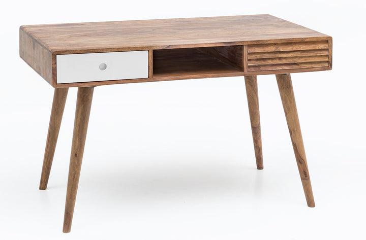 KADIMA DESIGN Schreibtisch SAVIO - Schreibtisch im Retro-Stil aus hochwertigem Massivholz mit Stauraum und Schubladen_Weiß_#sku_BARWL1.957#