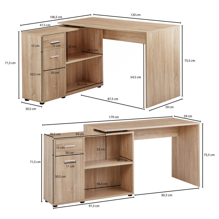 Schreibtisch mit Regal-Platte_ Integriertes Regal_ Drehbares Design_ Melaminharz-Beschichtung_ Schublade/Tür - KADIMA DESIGN_Farbe_ Beige_ Größe_ 120x107x75 cm_