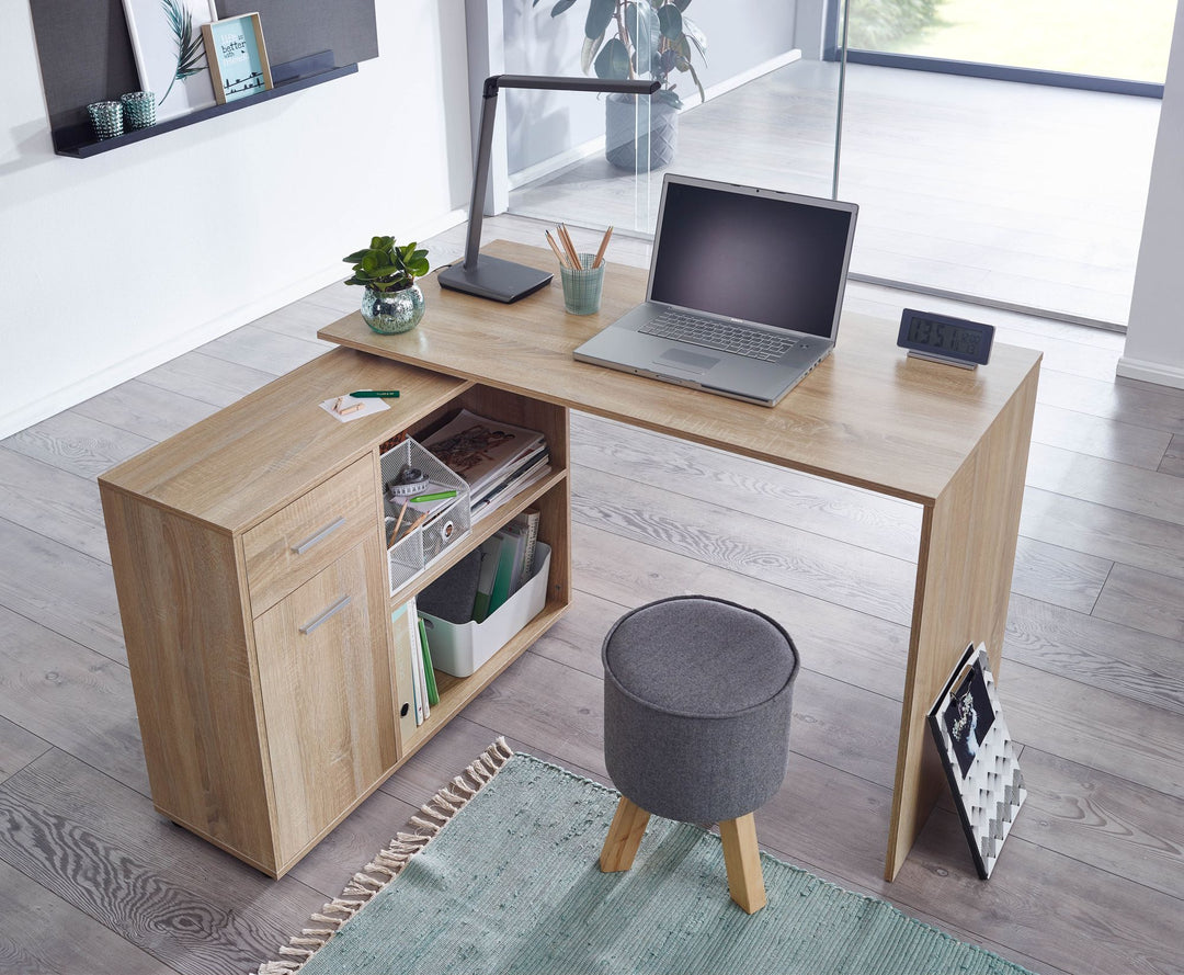Schreibtisch mit Regal-Platte_ Integriertes Regal_ Drehbares Design_ Melaminharz-Beschichtung_ Schublade/Tür - KADIMA DESIGN_Farbe_ Beige_ Größe_ 120x107x75 cm_