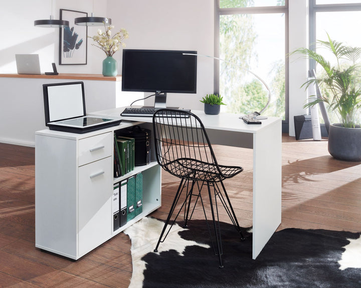 KADIMA DESIGN Schreibtisch mit Regal-Platte und Schublade/Tür - Bürotisch für Home Office und Arbeitsplatzorganisation_Weiß_#sku_BARWL5.305#