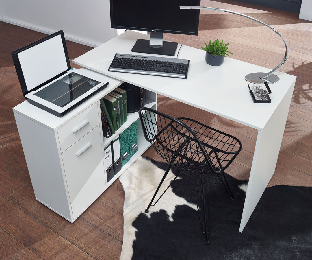 KADIMA DESIGN Schreibtisch mit Regal-Platte und Schublade/Tür - Bürotisch für Home Office und Arbeitsplatzorganisation_Weiß_#sku_BARWL5.305#